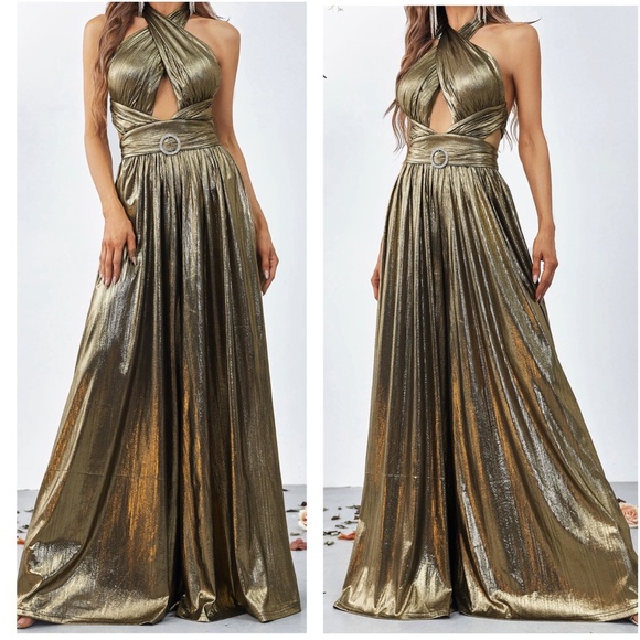 Luxe Metallic Cut out Halter Jumper Jumpsuit - Picture 2 of 6
